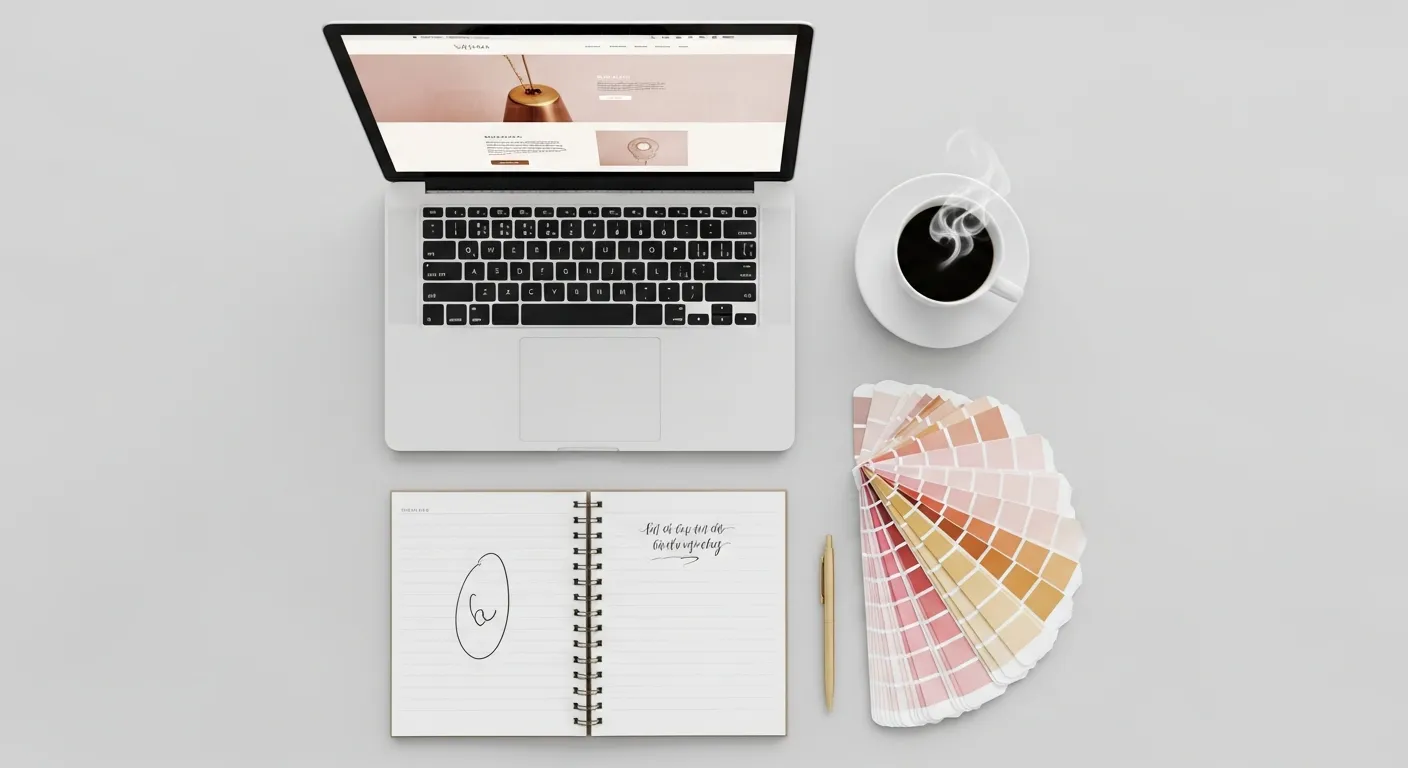 Designer's desk flatlay with a laptop showing an elegant website