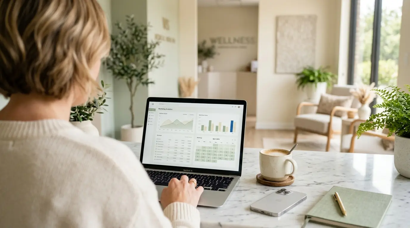 Med spa owner reviewing marketing dashboards and booking calendar on a laptop