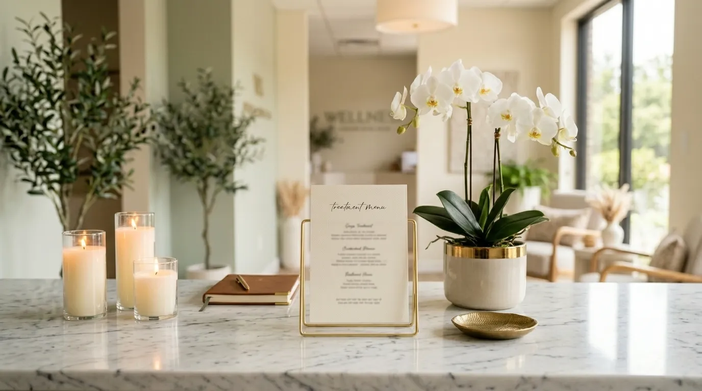 Med spa front desk with a treatment menu and pricing displayed on a tablet