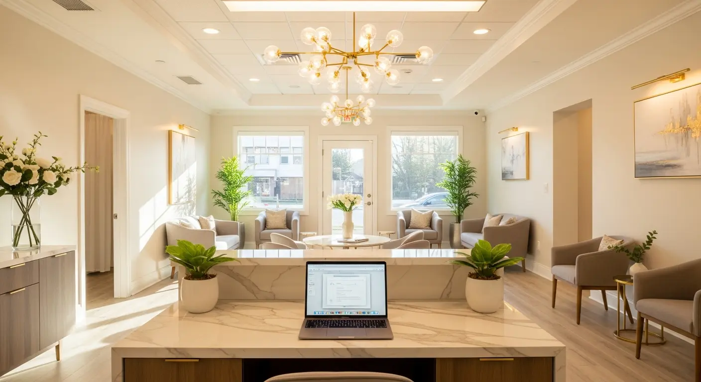 Bright modern med spa reception with a laptop on a marble desk