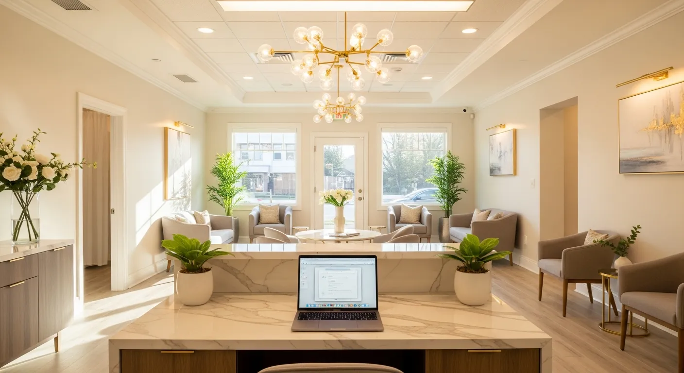 Bright modern med spa reception with a laptop on a marble desk