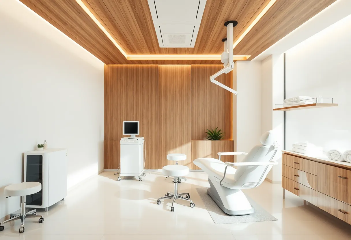 Modern medical spa treatment room with aesthetic devices and a consultation chair